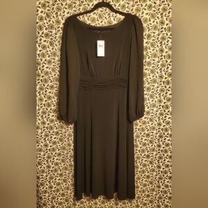 Petite,  Shirred Waist, Sheer l Sleeve Midi Dress - Classic Elegant Style, Black